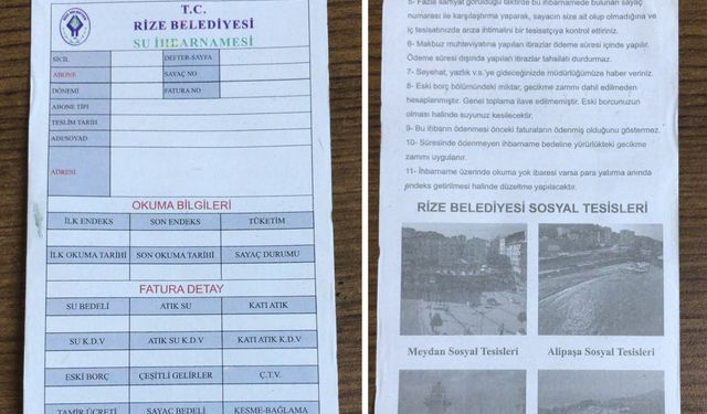 Rize Belediyesi'nden su faturalarında yer aldığı iddia edilen reklamla ilgili açıklama